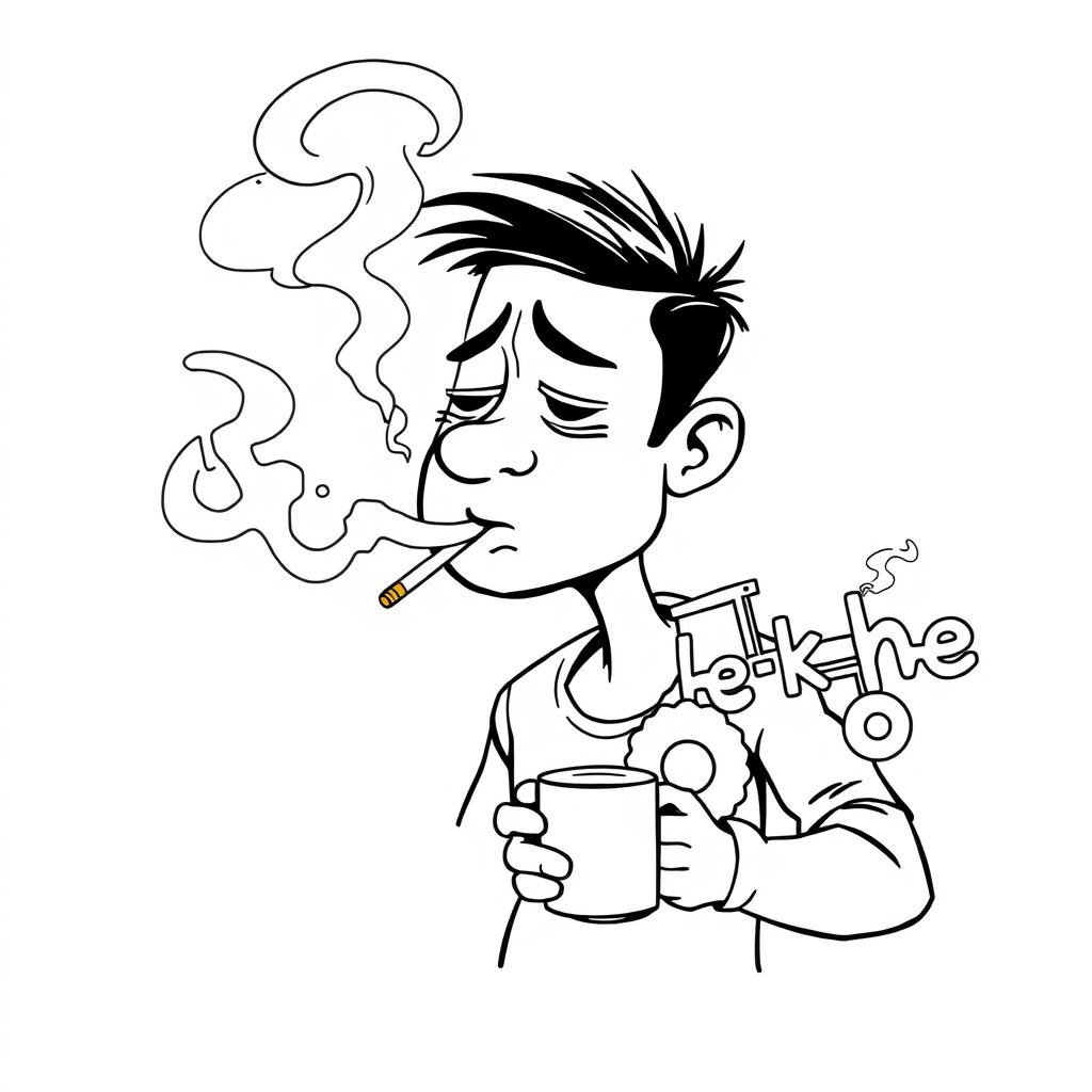 A humorous black-and-white cartoon featuring a young man with a tired expression, showcasing an exaggerated coughing pose