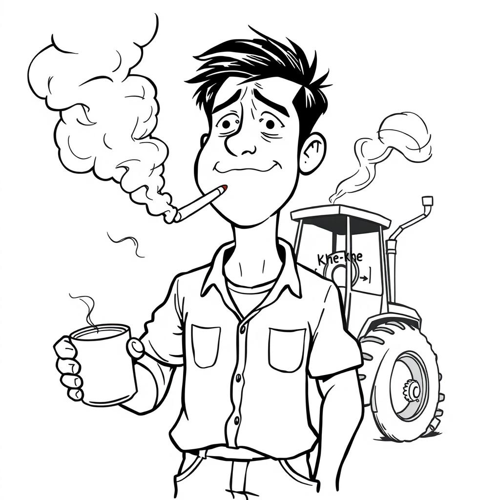 A humorous black-and-white cartoon depicting a young man with a comically exaggerated coughing expression
