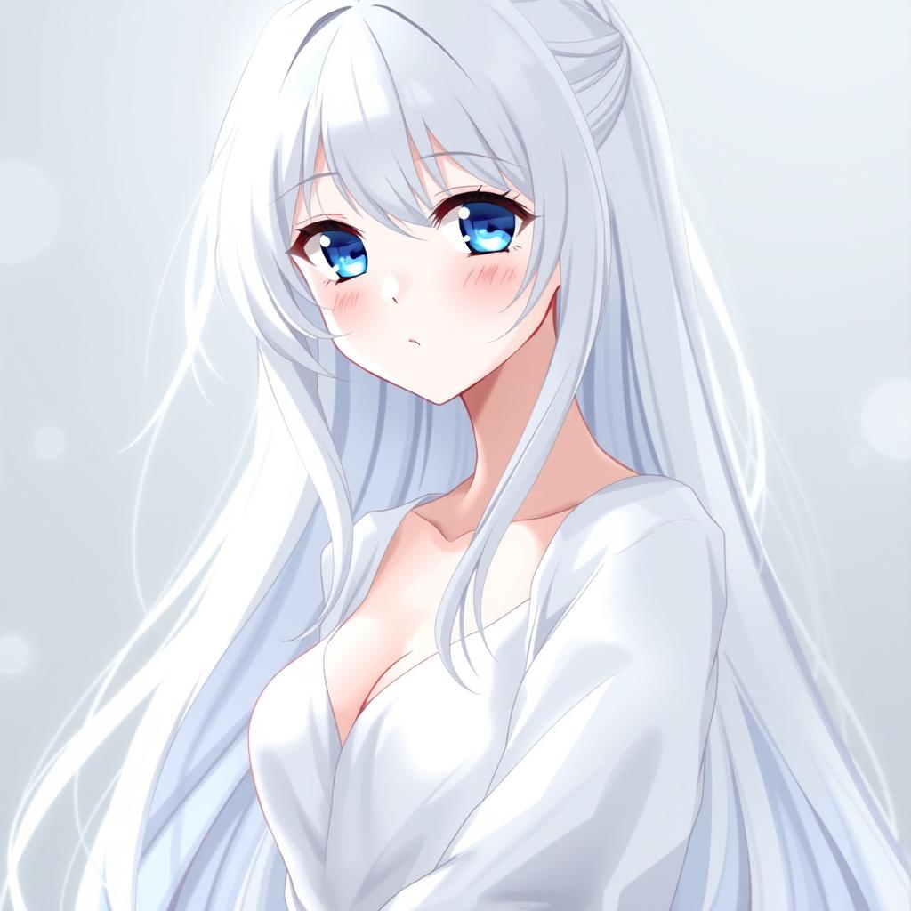 A beautiful anime girl with long, flowing white hair and striking blue eyes