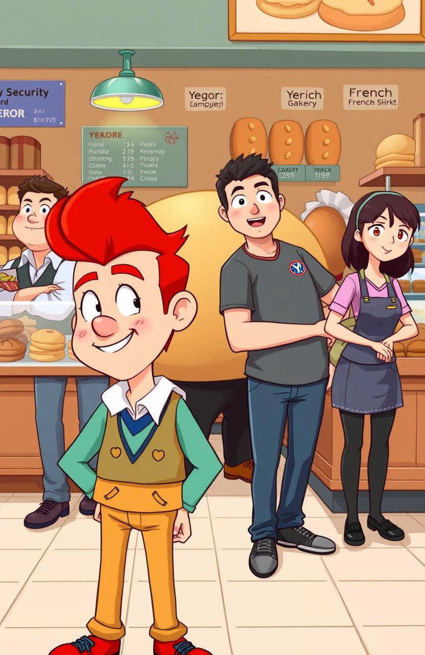 In the foreground, a flamboyant character with red hair and a Korean individual are standing side by side