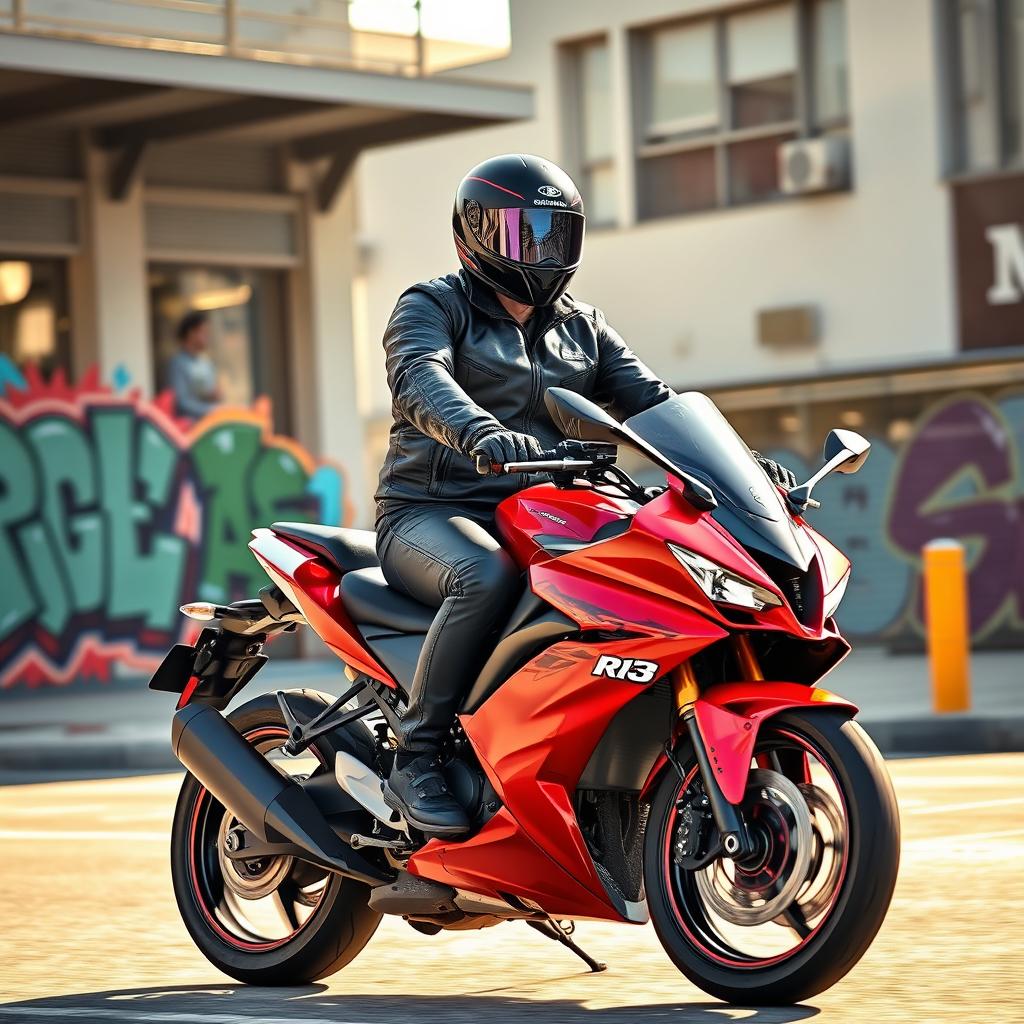 A rider cruising on a red R15 bike, showcasing the sleek design and aerodynamic features of the motorcycle