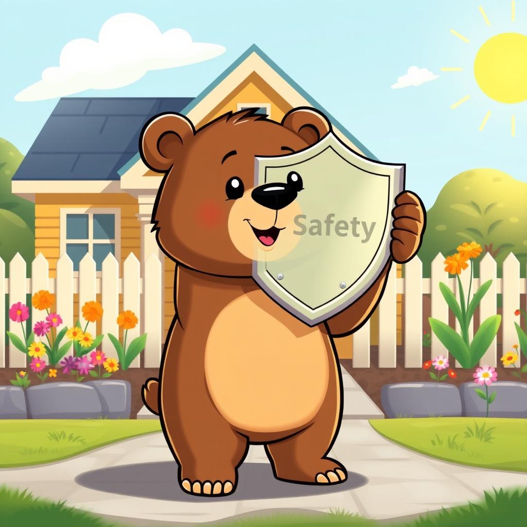 A cute little bear is proudly holding up a safety shield, standing in front of a cozy home that exudes warmth and comfort