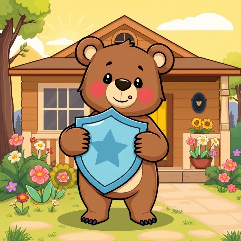 A cute little bear is holding a safety shield in its paws, standing proudly in front of a cozy home that radiates warmth and comfort