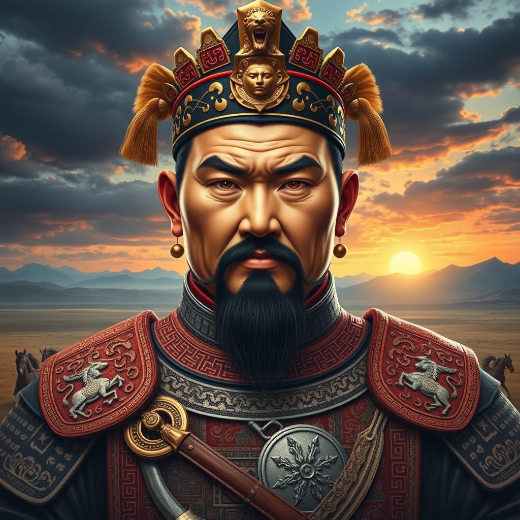 A powerful and majestic portrayal of Chingis Khaan, the legendary Mongolian hero, known for his fierce and commanding presence