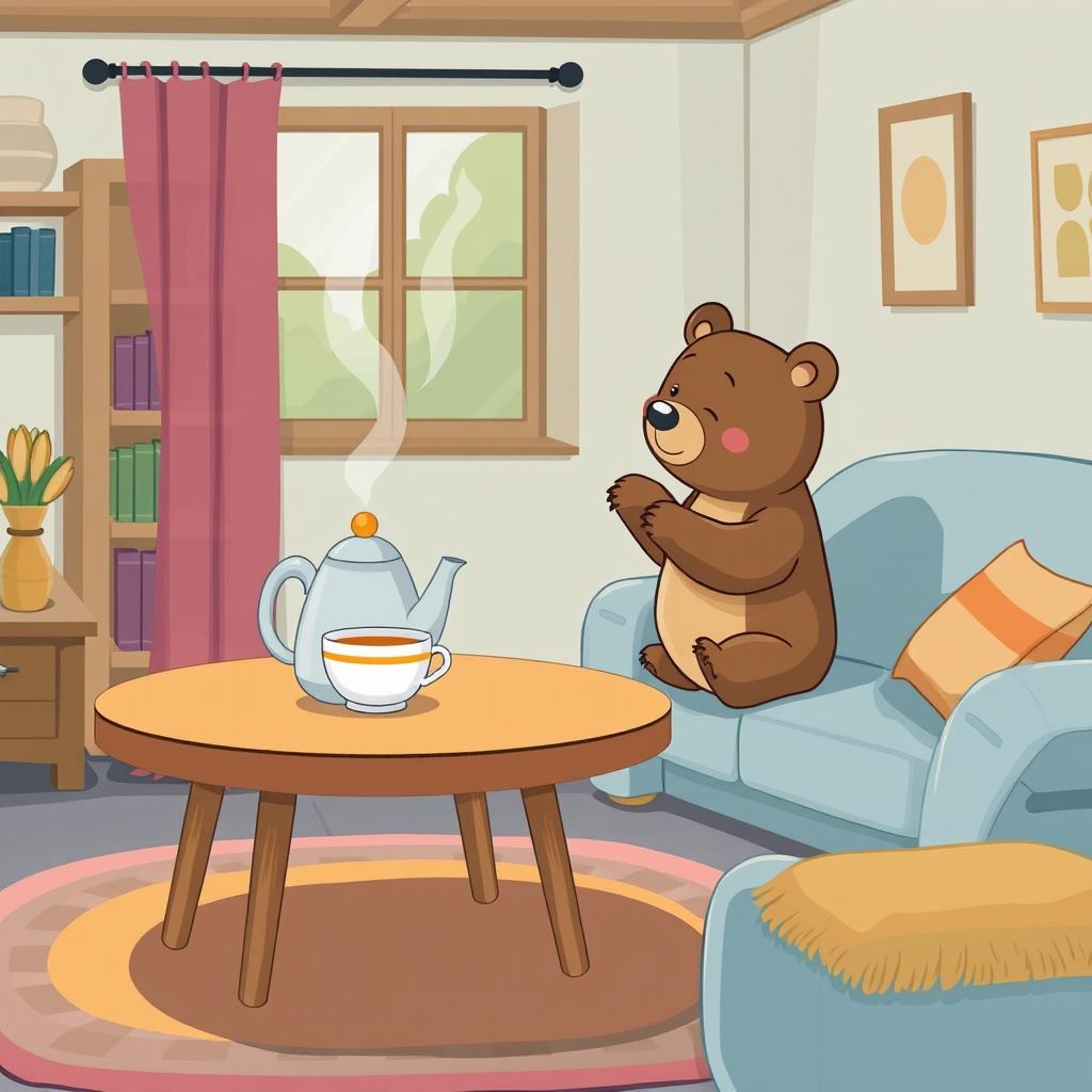 Inside a cozy living room, a cute little bear is tiptoeing on its hind legs to reach for a kettle on the table