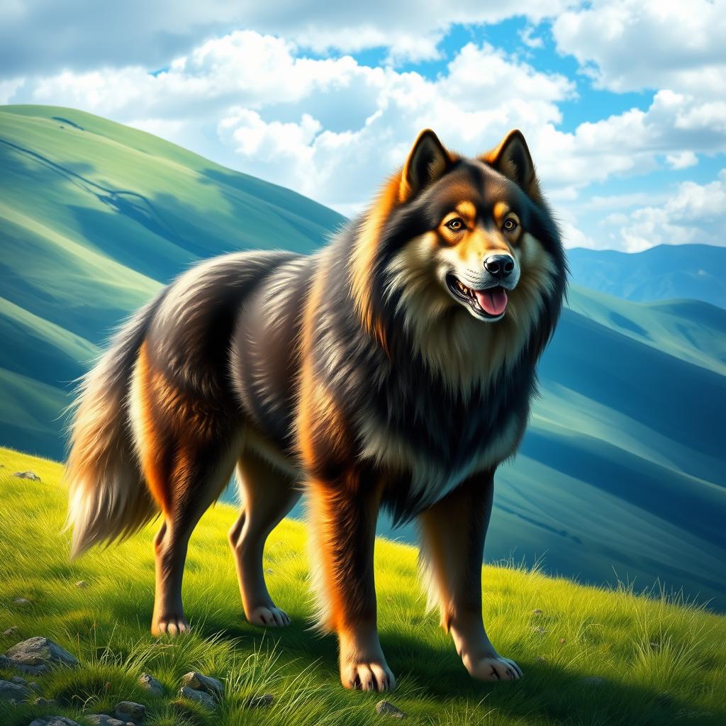 A stunning digital artwork featuring a Mongolian Banhar dog, showcasing its unique features such as a thick fluffy coat, strong build, and distinct facial expression