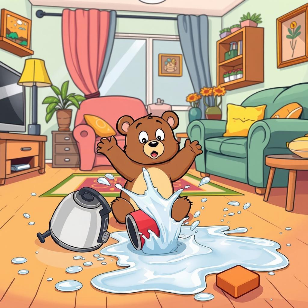 In a lively and colorful living room, warm water is splashed across the floor and spilled on the table, creating a bit of a chaotic scene