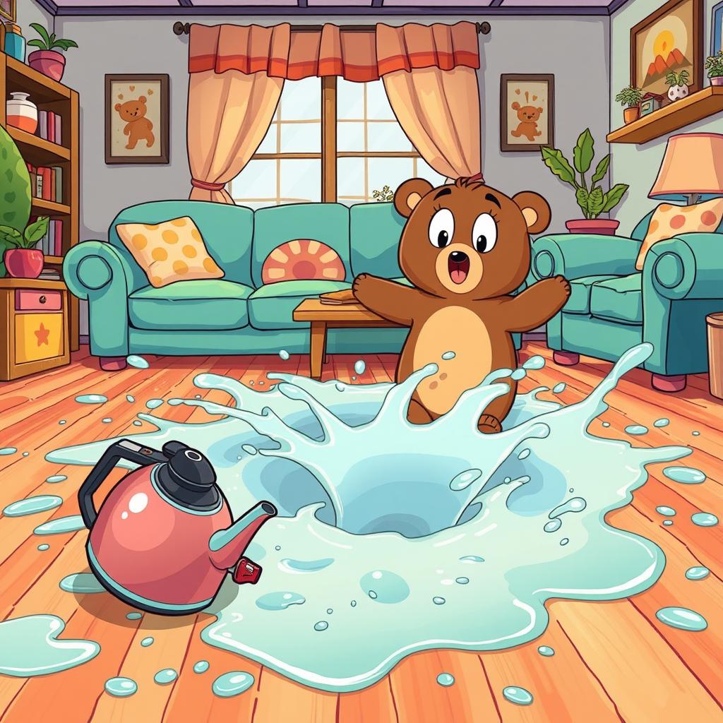 In a lively and colorful living room, warm water is splashed everywhere on the floor and has spilled onto the table, creating a chaotic yet playful scene