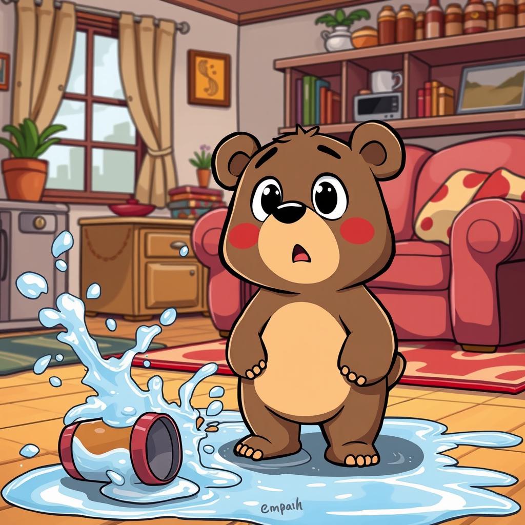 In a lively living room, hot water is splashed all over the floor, and a thermos has fallen and spilled on the ground