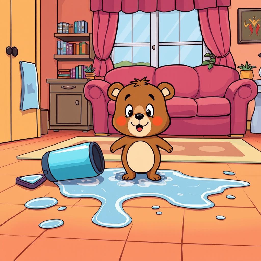 In a cartoon-style living room, hot water has spilled all over the floor, with a fallen thermos lying beside it