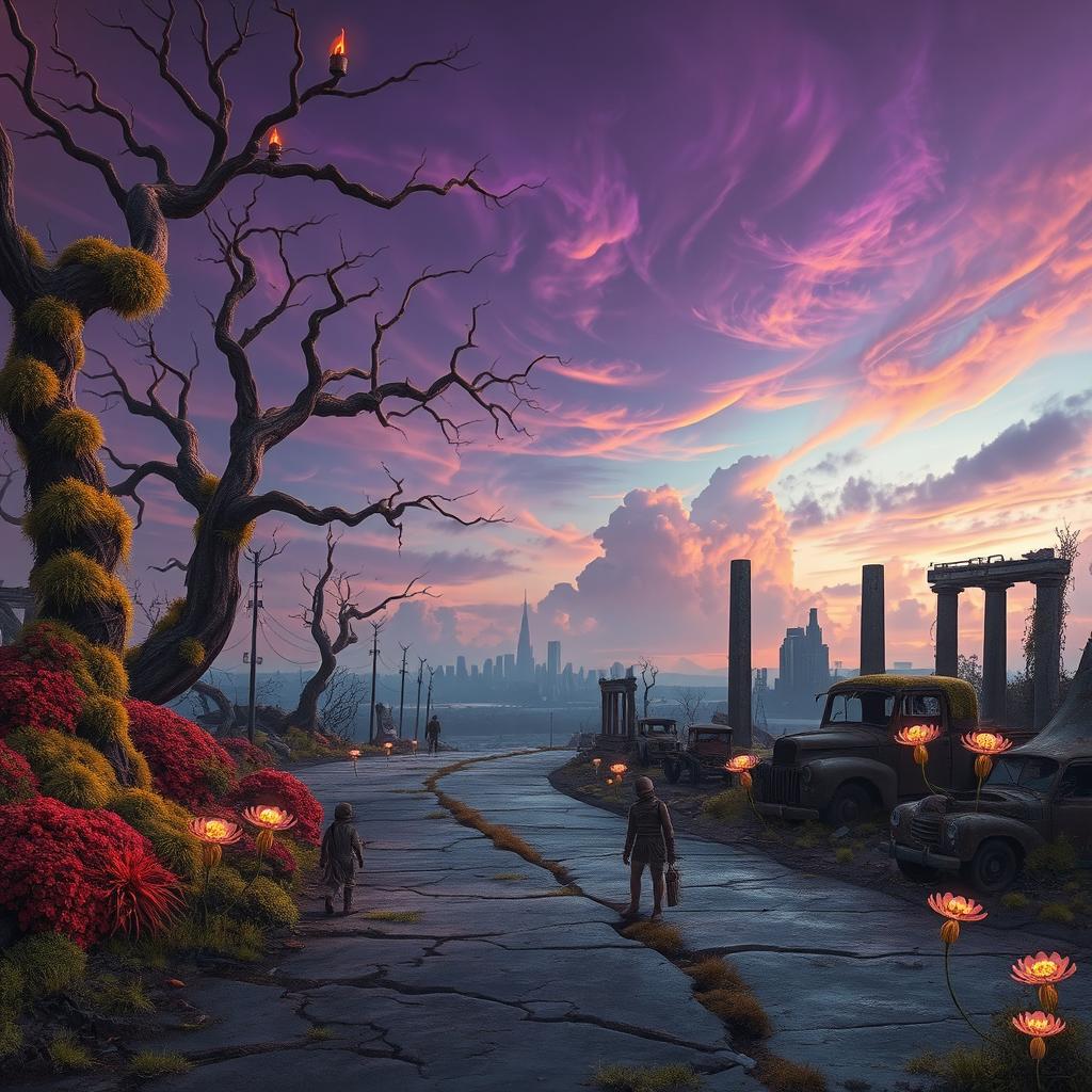 A surreal post-apocalyptic landscape featuring twisted, barren trees and a vibrant, haunting sky filled with swirling clouds in shades of purple and orange