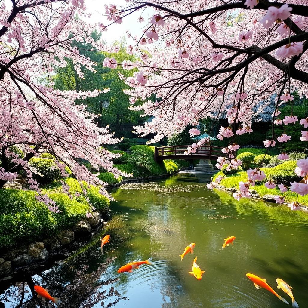 A serene Japanese garden during the cherry blossom season, featuring a tranquil pond with koi fish swimming gracefully, lush greenery surrounding the area, and a traditional wooden bridge arching over the water