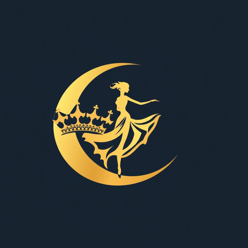 A logo design for a jewelry brand featuring a crown and a crescent moon, with a graceful girl dancing elegantly