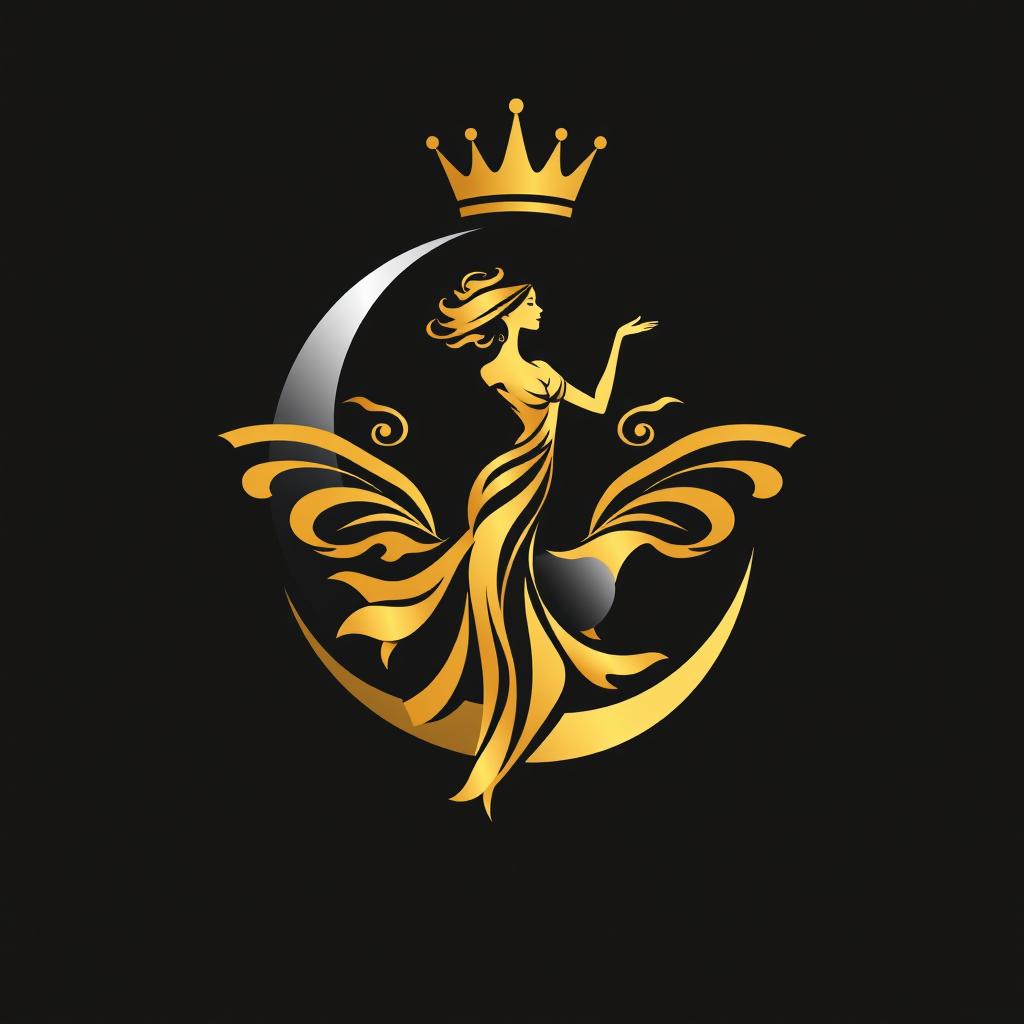 A luxurious logo design for a gold and jewelry brand featuring an elegant golden crown and a crescent moon