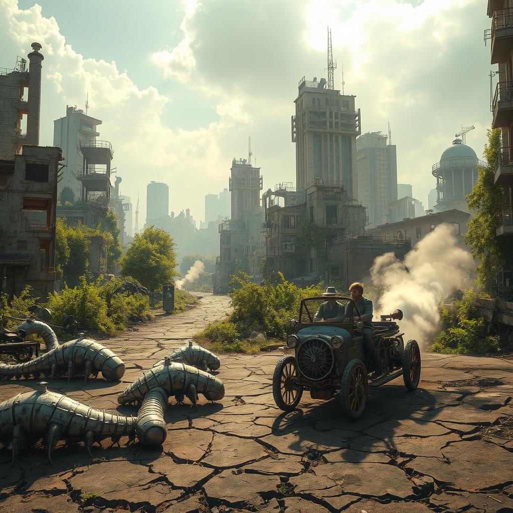A highly detailed photographic quality urban post-apocalyptic landscape showcasing a deserted city overrun by nature, with crumbling buildings and vibrant greenery weaving through the ruins