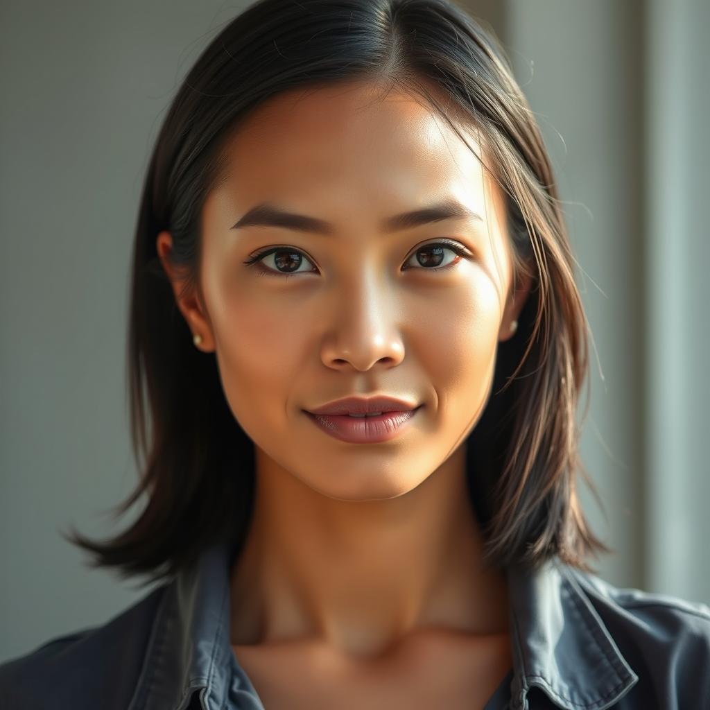 A close-up portrait of a confident individual with a strong jawline and a straight neck, showcasing a serene expression