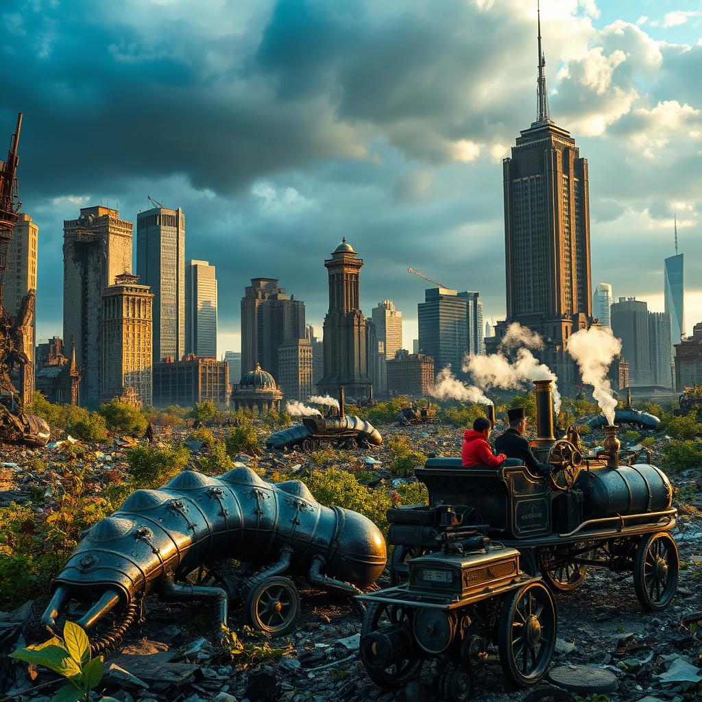A photographic quality urban post-apocalyptic landscape showcasing a dystopian cityscape with crumbling skyscrapers and nature reclaiming the environment