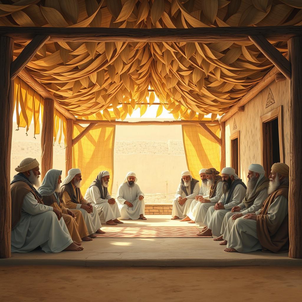 A realistic depiction of the Saqifa of Bani Sa'idah, featuring a veranda covered with dried date leaves and constructed from date wood, representing simple Arabic architecture
