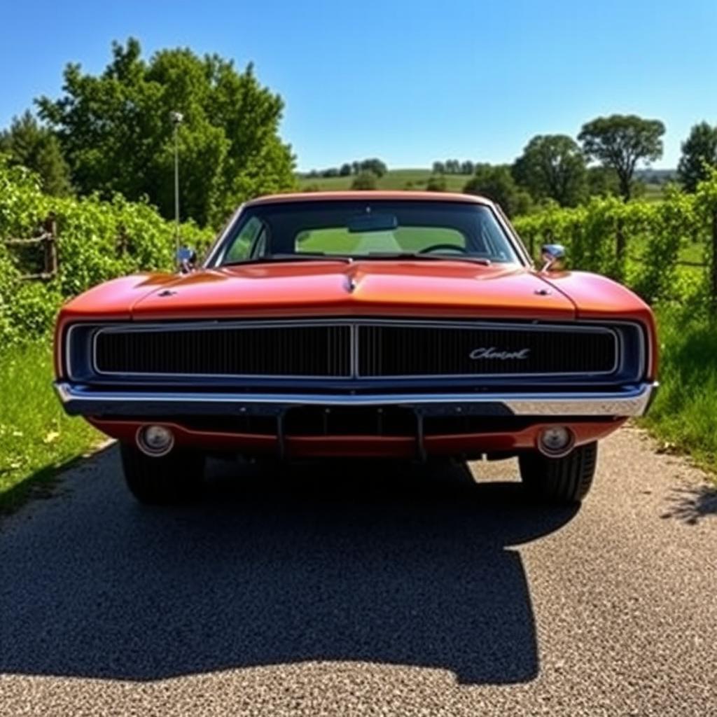 A classic Dodge Charger, beautifully restored and gleaming in the sunlight, showcasing its iconic muscle car design with bold lines, a sleek silhouette, and a commanding front grille