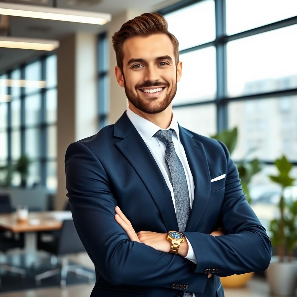A handsome man dressed in a tailored navy blue suit, standing confidently with his arms crossed