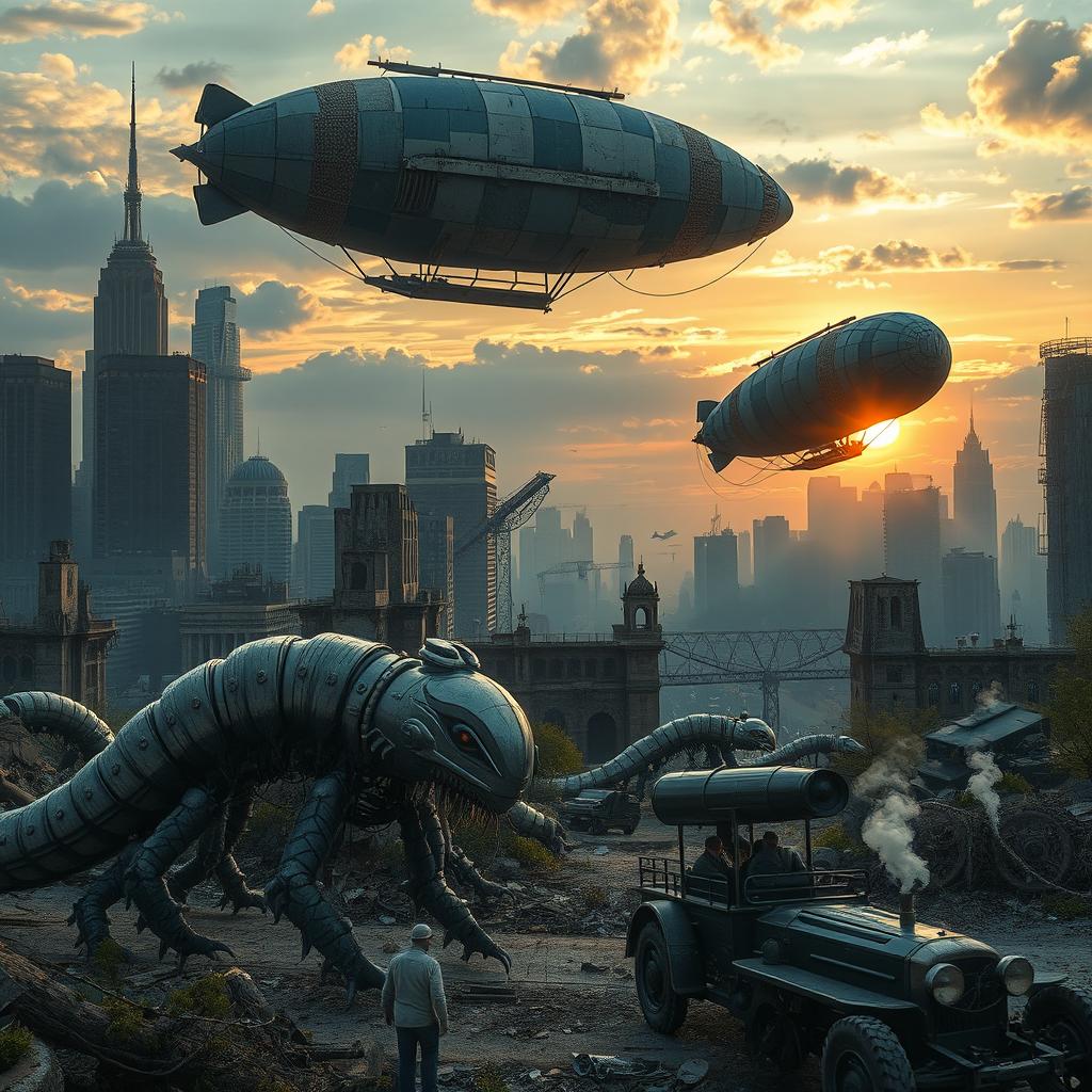 A stunning photographic quality urban post-apocalyptic landscape depicting a devastated city skyline, with remnants of skyscrapers being overtaken by nature