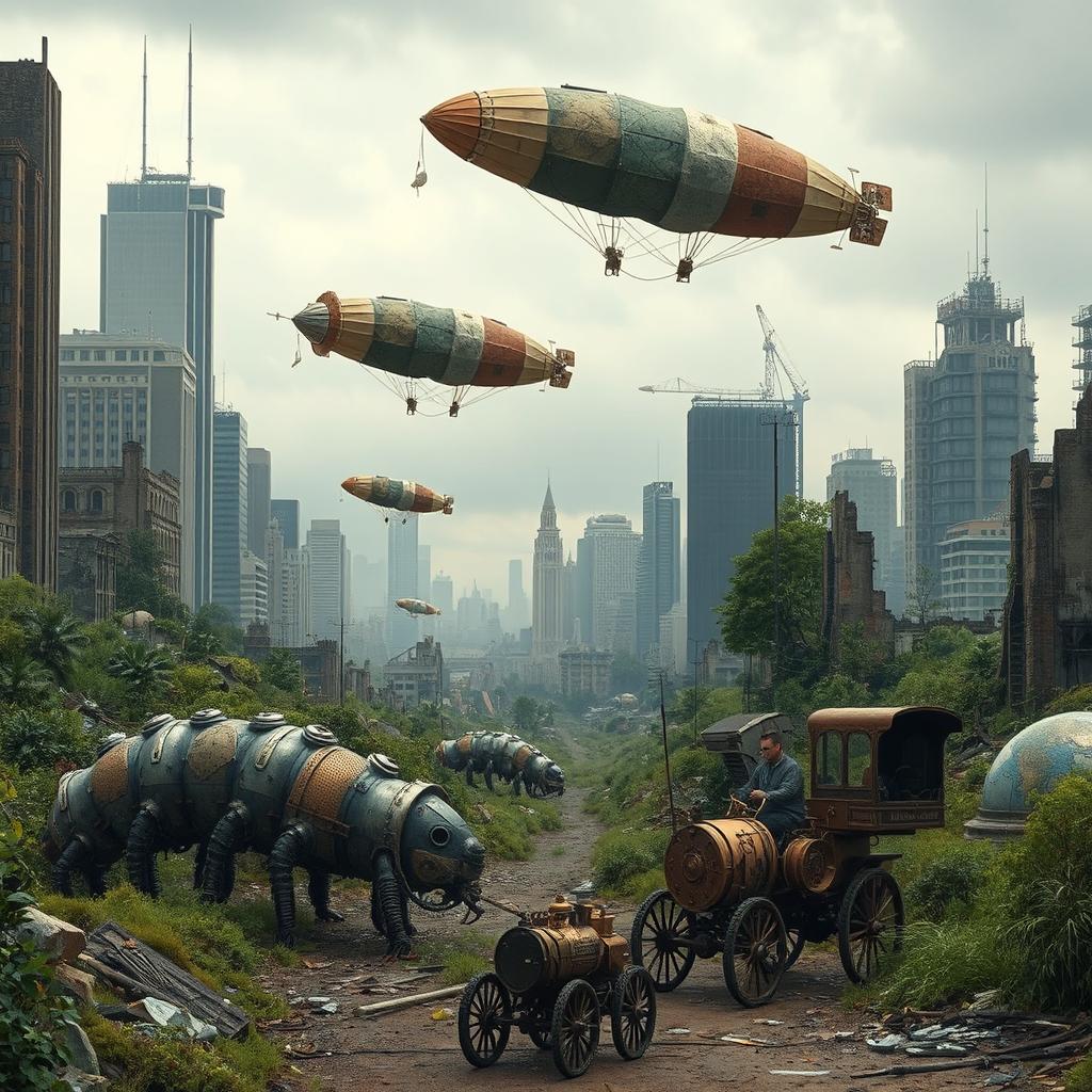 A breathtaking photographic quality urban apocalypse landscape depicting a devastated city with ruins of skyscrapers and overgrown vegetation