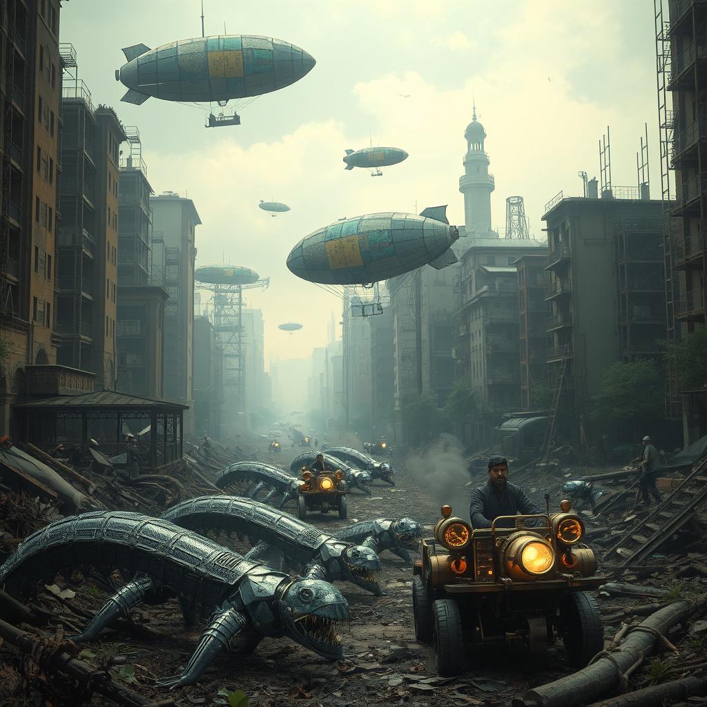 A breathtaking photographic quality urban apocalypse landscape set in a parallel world, showcasing a city that has fallen into ruin