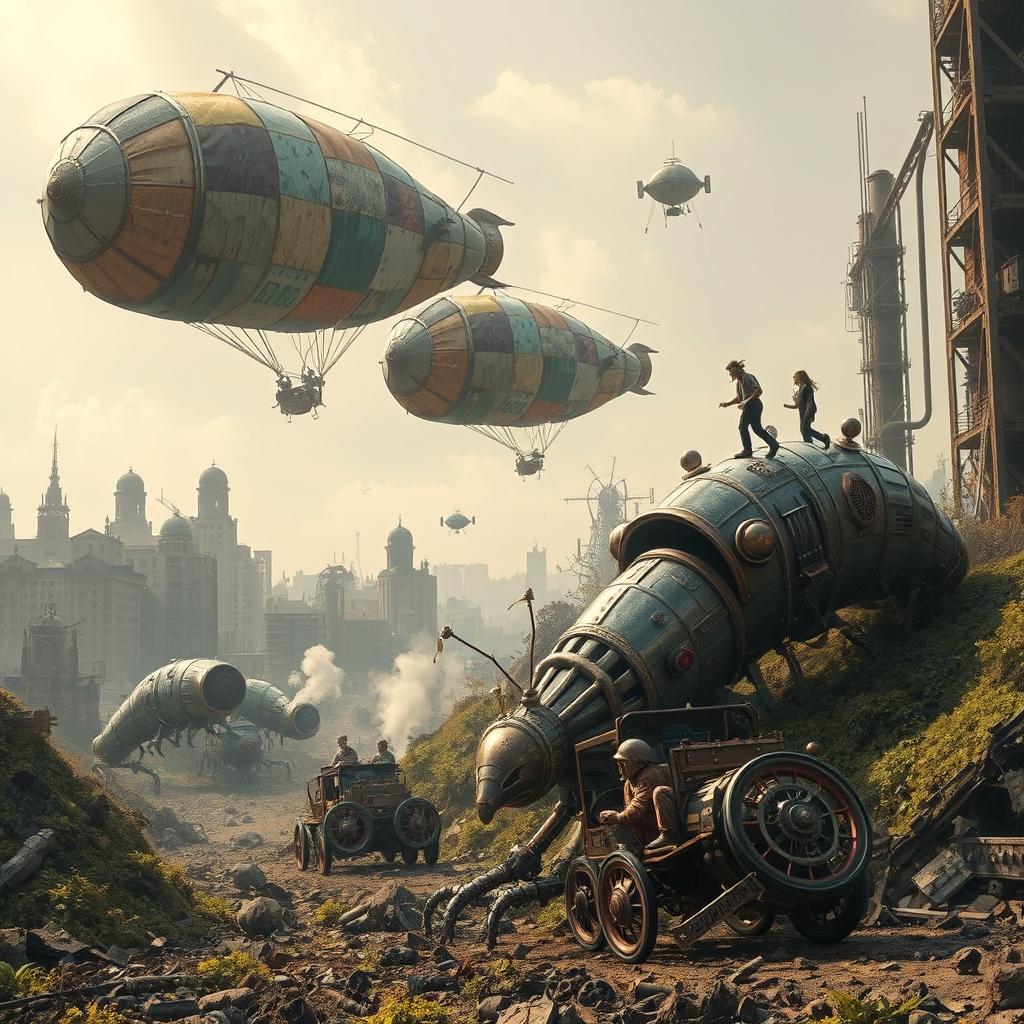 A stunning photographic quality urban apocalypse landscape in a parallel world, showcasing a city in ruins with crumbling buildings and overgrowth
