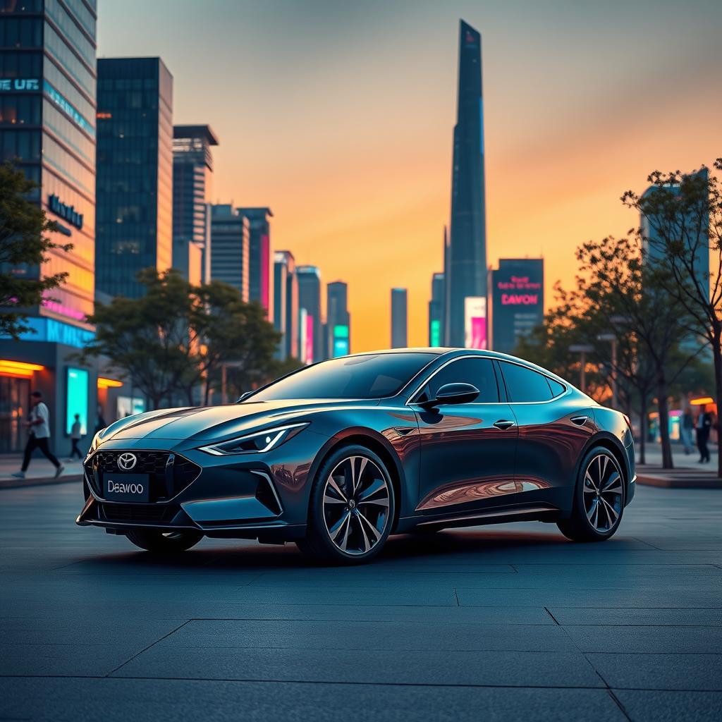 A sleek and modern Daewoo car parked in a futuristic urban landscape, surrounded by high-tech skyscrapers and vibrant street lights