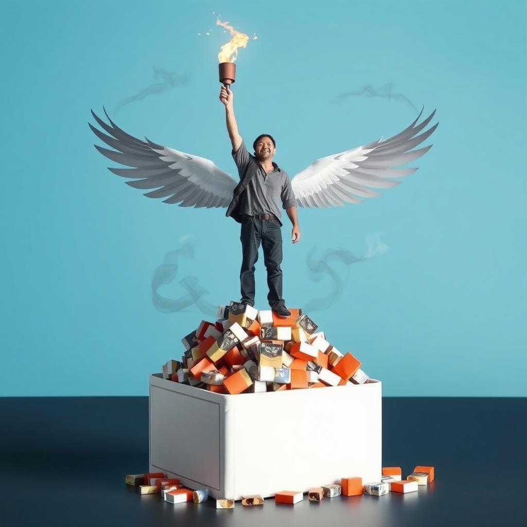 A simple, high-quality book cover featuring a figure standing triumphantly on a pile of crushed cigarette packs, raising a glowing torch high with a wide grin, symbolizing victory