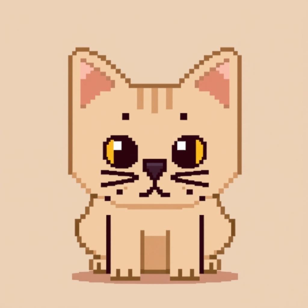 A pixel art representation of a cat in beige color, designed with 128x64 pixels, featuring simple shapes and geometric forms to create the cat's features, including large expressive eyes, small ears, and a cute whiskered face, set against a plain background to highlight the cat's design