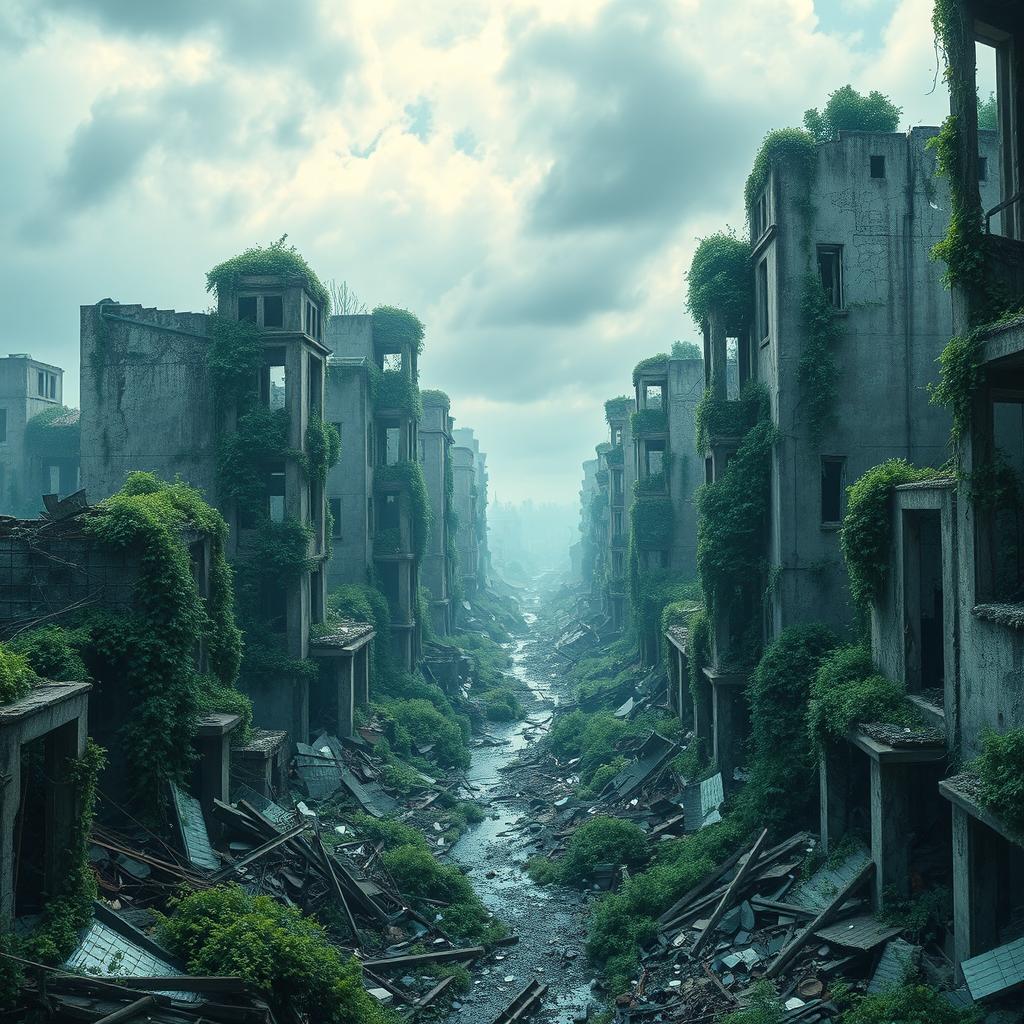 An astonishing photographic quality urban apocalypse landscape set in a parallel world, showcasing a devastated city in ruins with crumbling and dilapidated buildings overtaken by nature
