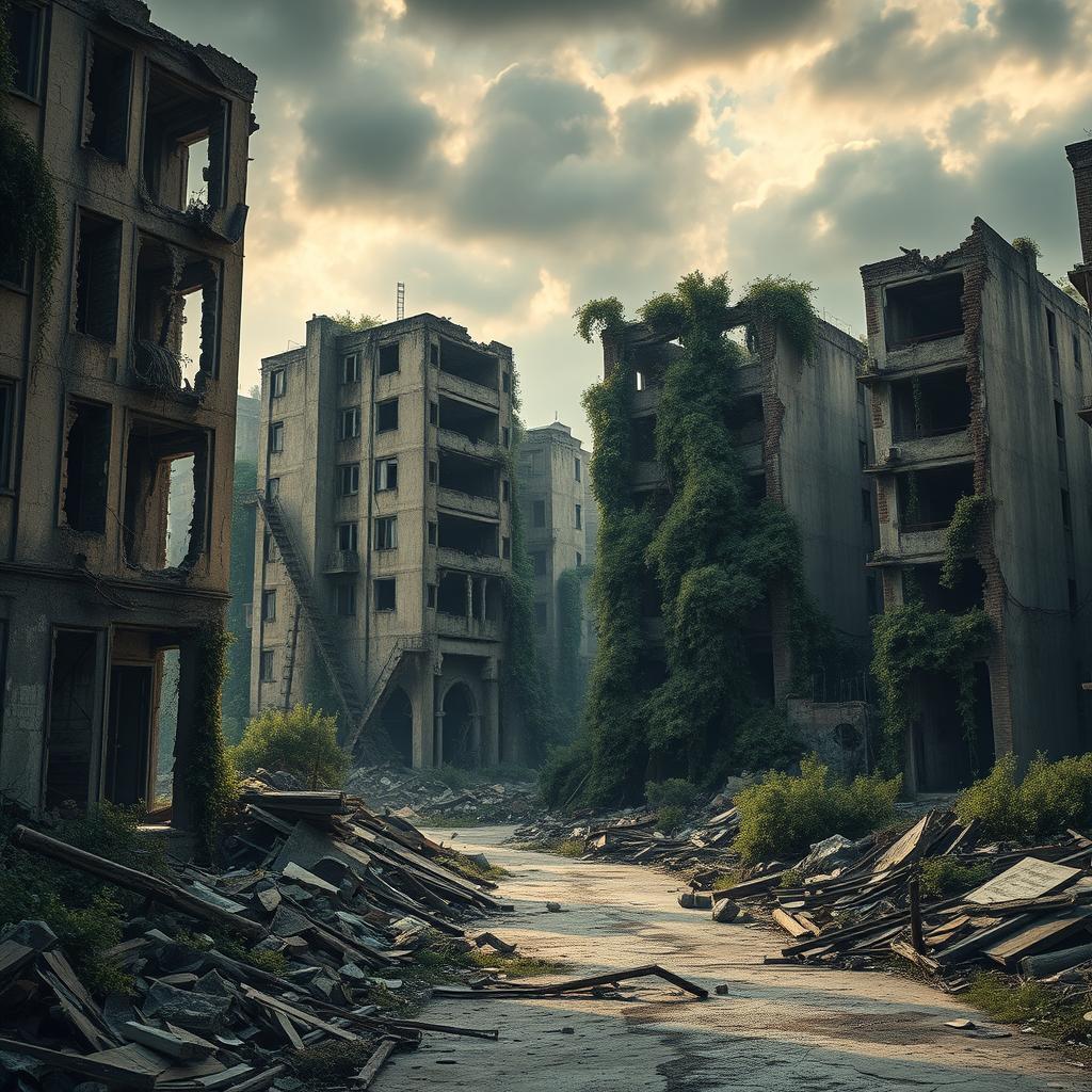 A stunning photographic quality urban apocalypse landscape set in a parallel world, depicting a city in ruins that embodies the theory of decay and destruction