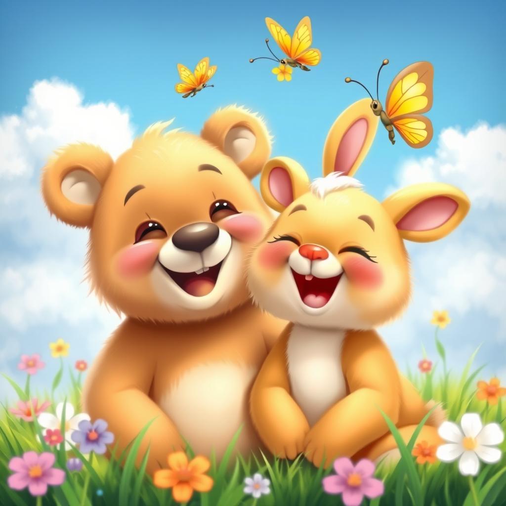 A joyful and cheerful little bear and bunny are laughing together, surrounded by a vibrant, colorful meadow