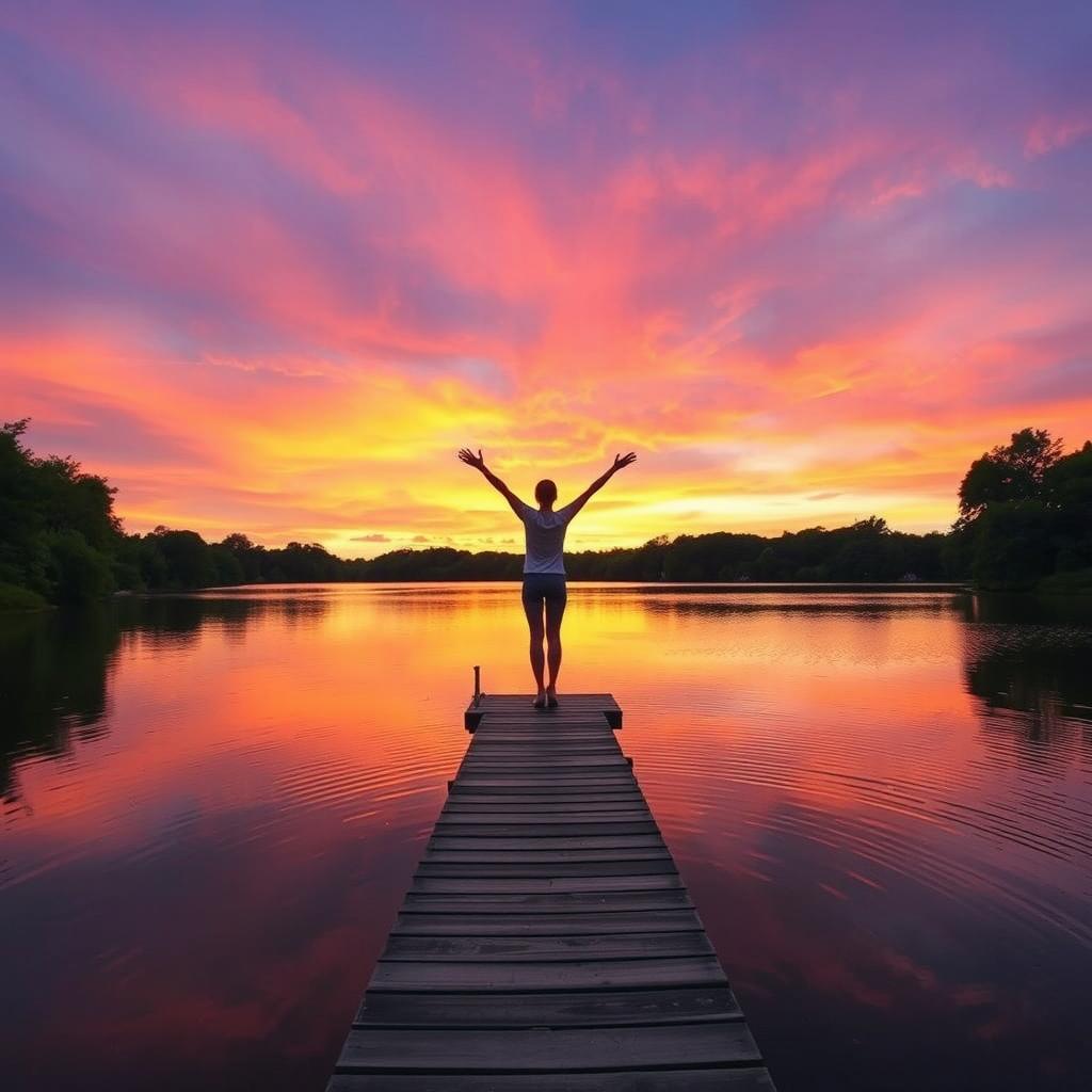 A beautiful scene of a serene landscape at sunset, with vibrant orange and purple hues blending in the sky, a tranquil lake reflecting the colors, and a silhouette of a person standing on a wooden dock with arms outstretched in a pose of inspiration and joy