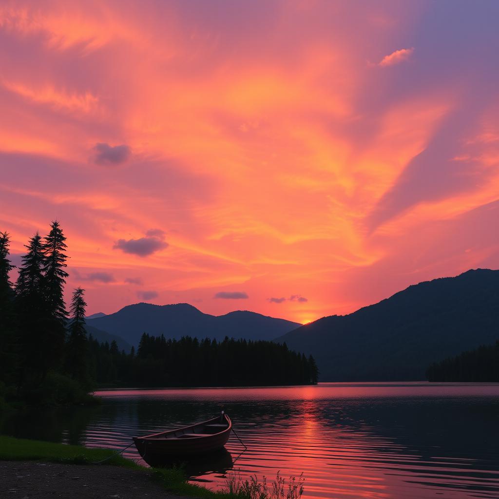 A serene landscape featuring a beautiful sunset over a tranquil lake, surrounded by lush green mountains