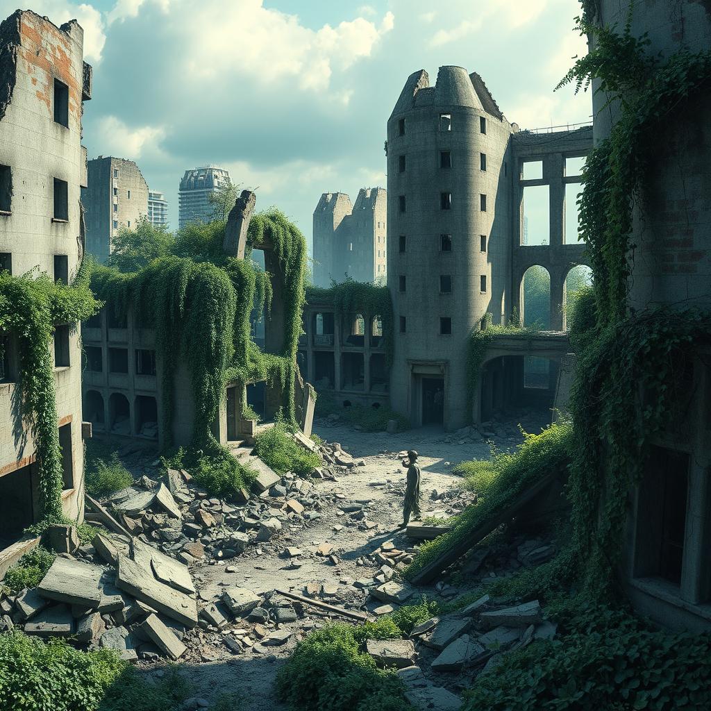 A breathtaking photographic quality urban apocalypse landscape set in a parallel world, illustrating a city in ruins with crumbling buildings and the natural world reclaiming the space in accordance with the theory of decay and destruction
