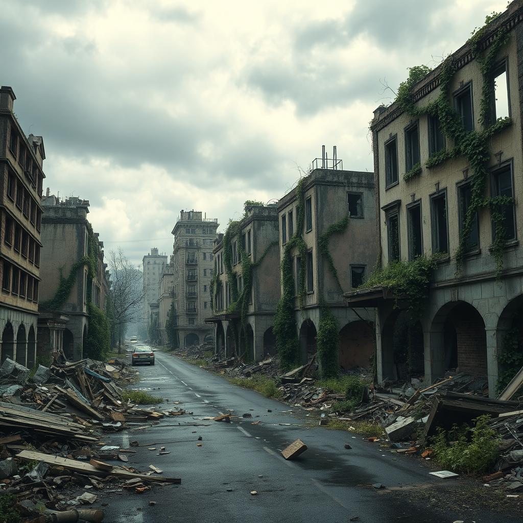 A realistic depiction of an apocalyptic scene grounded in the theory of destruction, showcasing a devastated landscape ravaged by time and chaos