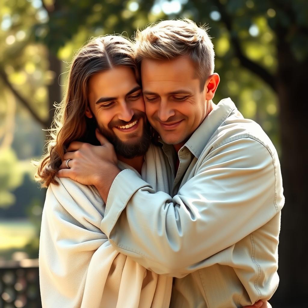 A heartfelt scene of a man embracing Jesus in a warm and loving manner