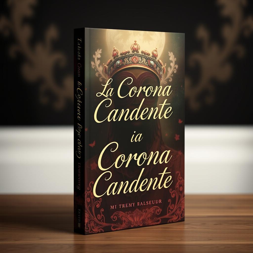 A book cover design for 'La Corona Candente', featuring an original and exclusive artwork that encompasses the front cover, spine, and back cover