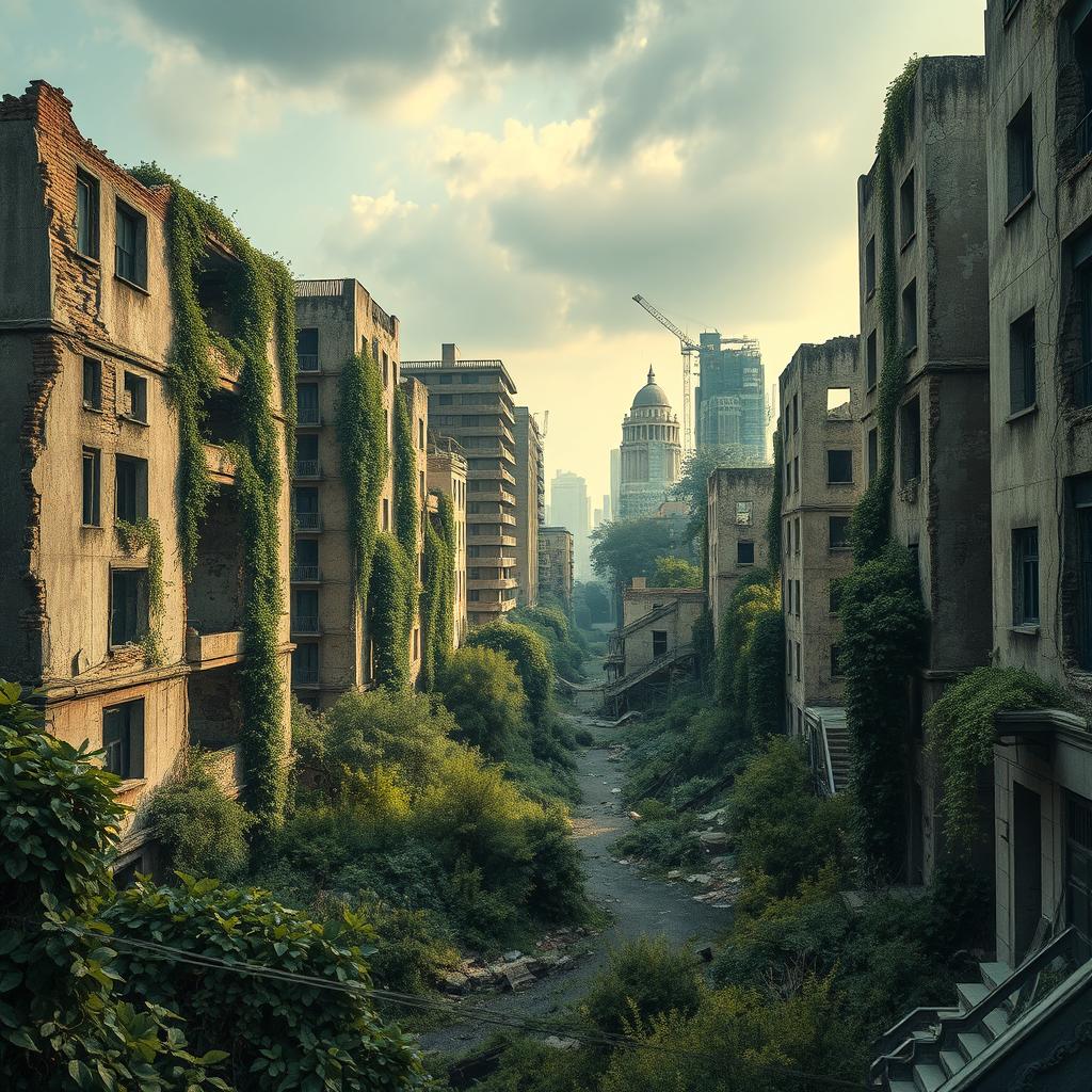 A stunningly realistic urban apocalyptic landscape captured in photographic quality, set in a parallel world