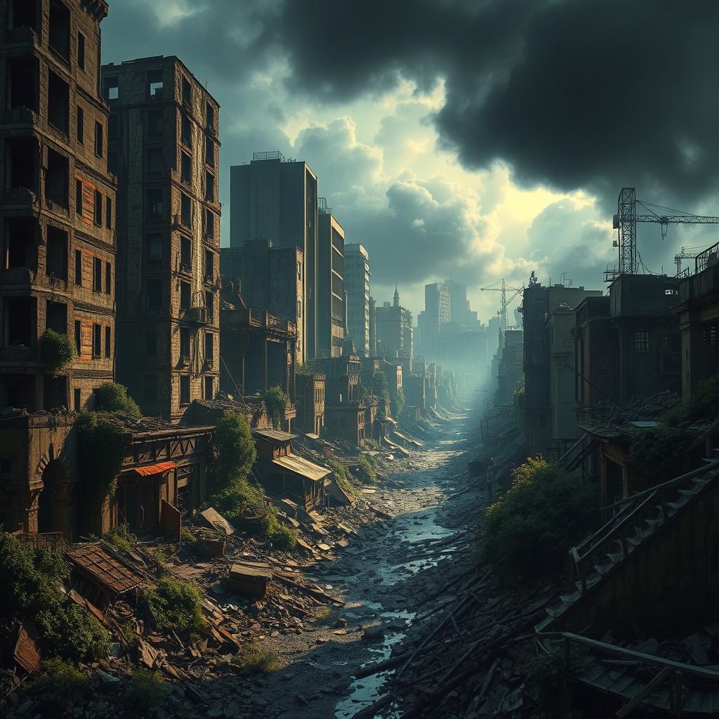 A stunningly realistic apocalyptic urban landscape of a parallel world, showcasing a city in ruins with crumbling buildings and overgrown vegetation, illustrating the theory of decay in a visually captivating way