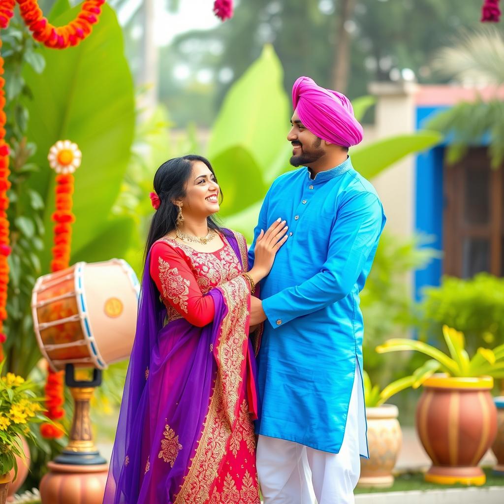 A young Punjabi couple smiling at each other in a vibrant, colorful setting