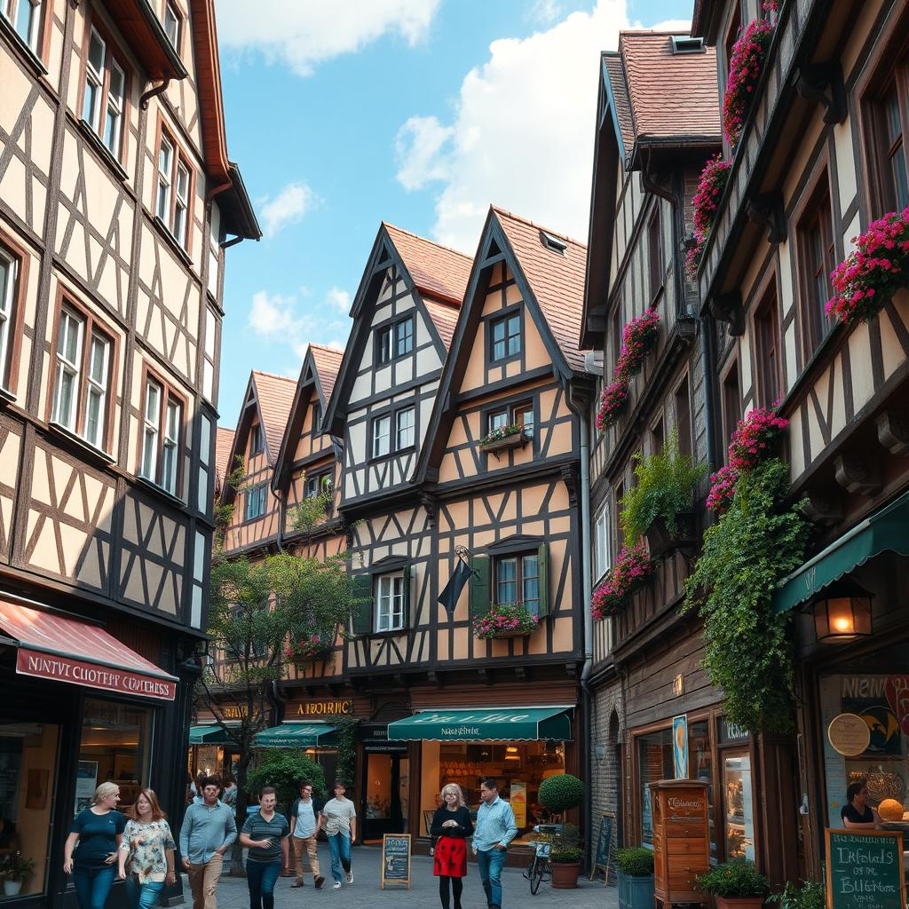 A realistic urban landscape featuring charming half-timbered architecture (фахверк), capturing the essence of a lively city scene