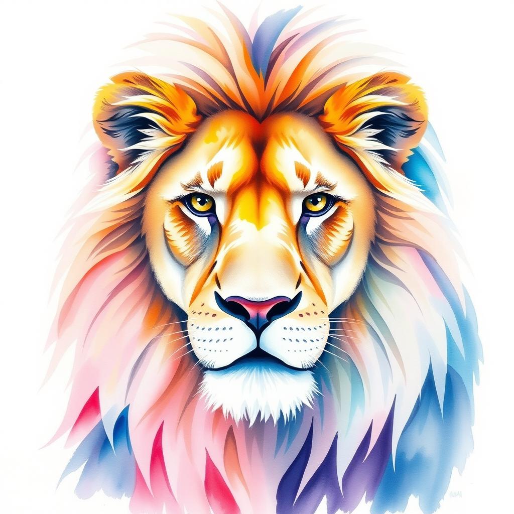 A beautifully crafted watercolor portrait of a lion, showcasing its majestic mane and expressive eyes