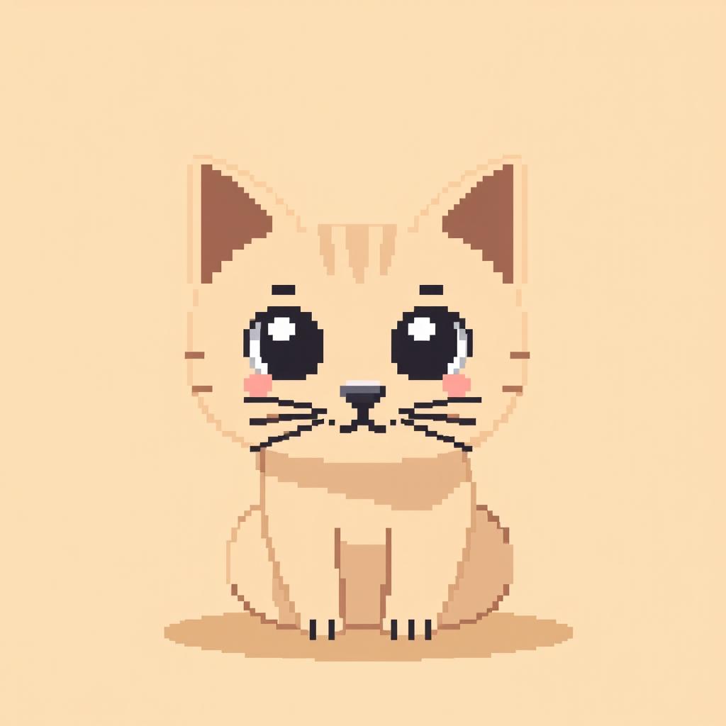 A pixel art representation of a cat in beige color, designed with 64x32 pixels, featuring simple shapes and geometric forms to create the cat's features, including large expressive eyes, small ears, and a cute whiskered face, set against a plain background to highlight the cat's design