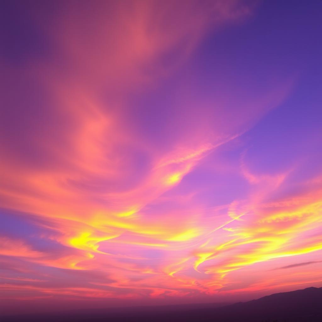 A breathtaking landscape featuring a vibrant sky filled with shades of purple, yellow, and pink, creating a stunning sunset or sunrise effect