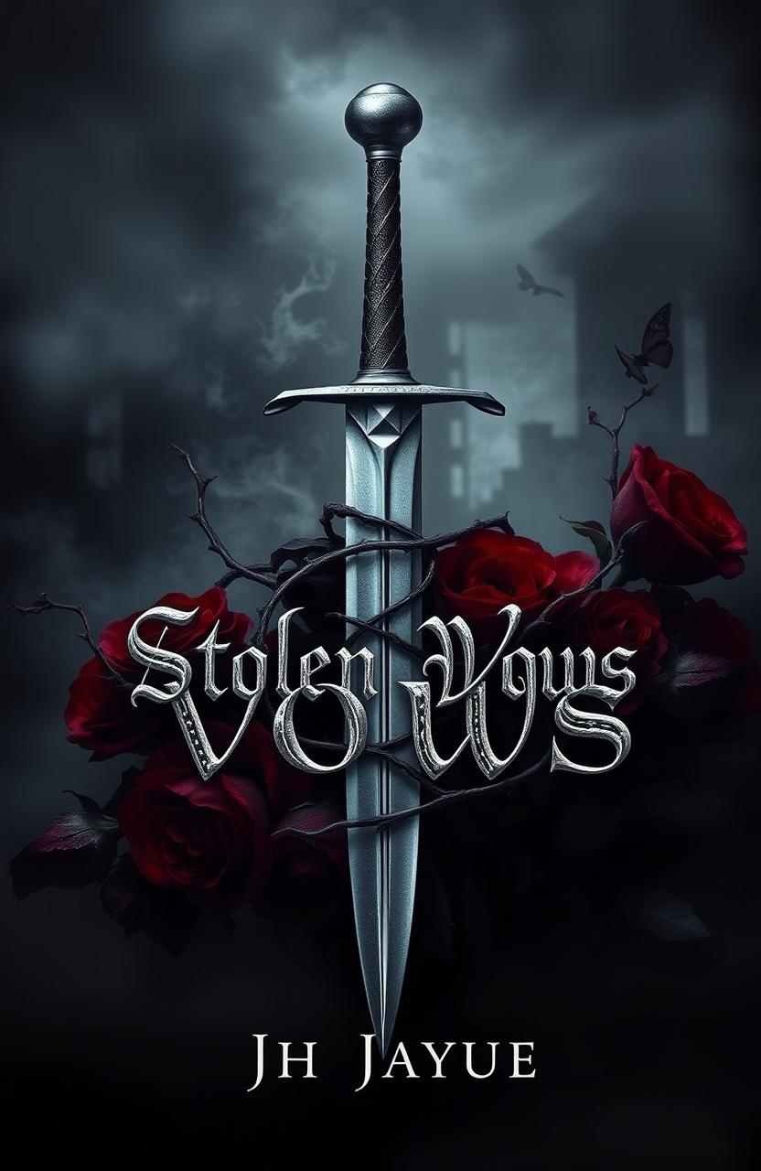 A dark fantasy book cover featuring a striking silver dagger positioned dramatically, entwined with dark red and black roses