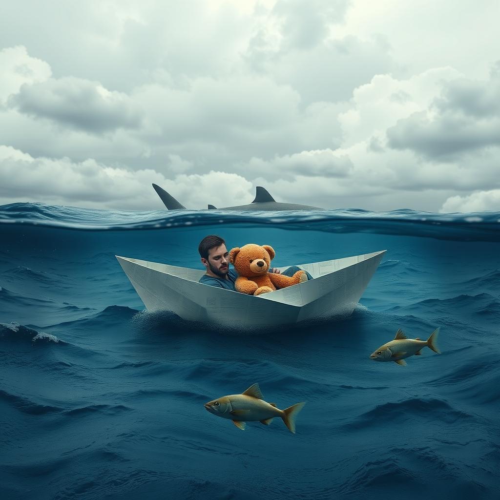 A photomontage depicting a melancholic day with many grey clouds and a sad atmosphere