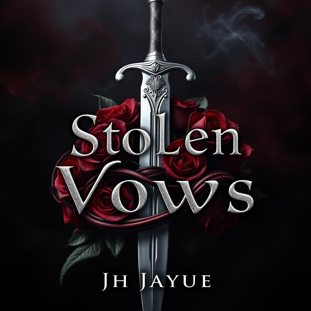 A dark fantasy book cover featuring a striking silver dagger intertwined with dark red and black roses